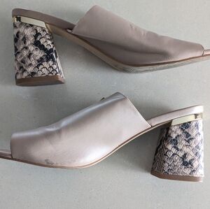 Beige Snakeskin style gold rimmed block heel sandals/mules US size 6